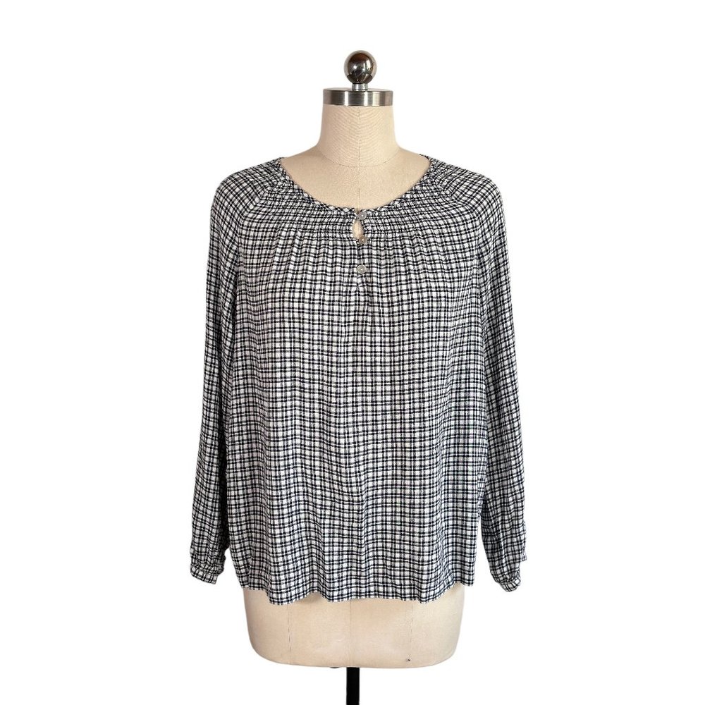 j.jill black white plaid rayon blouse top Mp medium petite shirt casual EUC